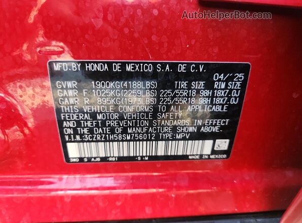3CZRZ1H58SM756012 2025 HONDA HR-V Красный Вид наклейки с VIN-кодом