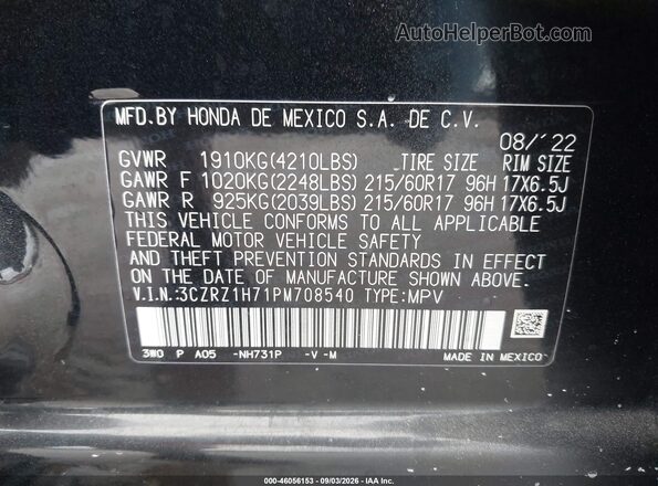 3CZRZ1H71PM708540 2023 HONDA HR-V Black Вид підкапотного простору