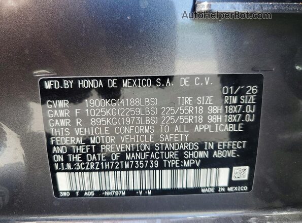 3CZRZ1H72TM735739 2026 HONDA HR-V Серый Вид наклейки с VIN-кодом