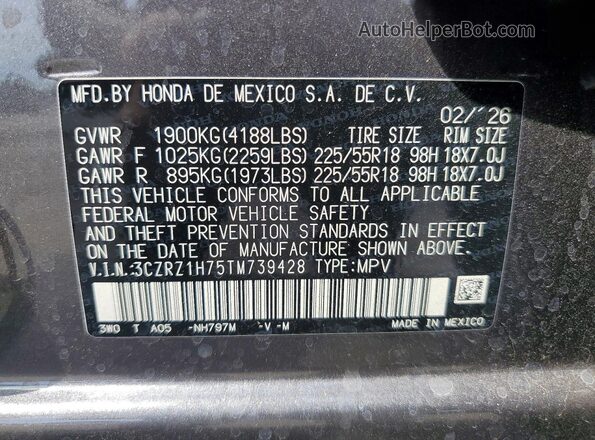 3CZRZ1H75TM739428 2026 HONDA HR-V Gray Вид наклейки з VIN-кодом