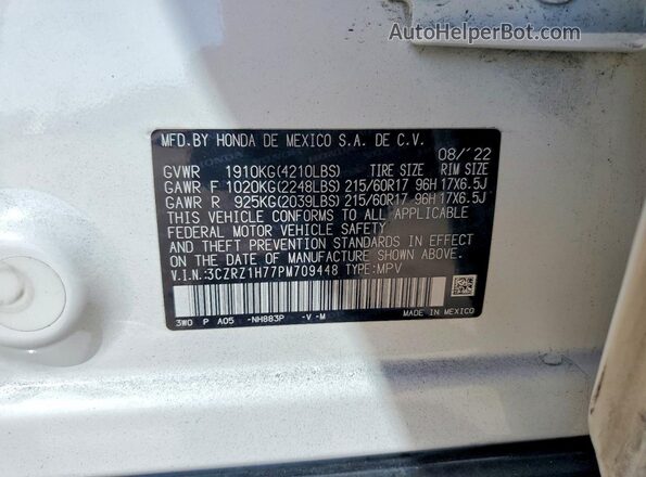 3CZRZ1H77PM709448 2023 HONDA HR-V White VIN կոդի պիտակի տեսք