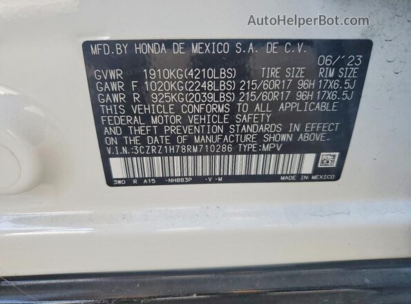 3CZRZ1H78RM710286 2024 HONDA HR-V Белый Вид наклейки с VIN-кодом