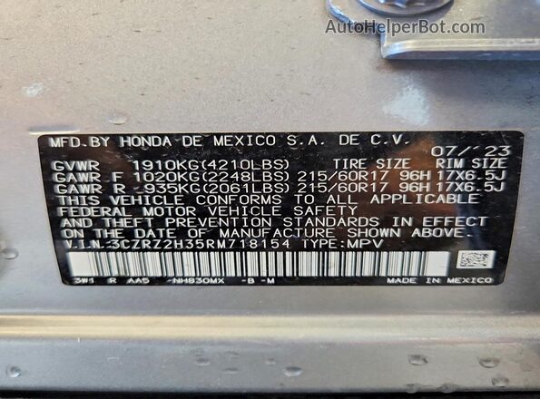 3CZRZ2H35RM718154 2024 HONDA HR-V Silver Vista de la etiqueta del VIN
