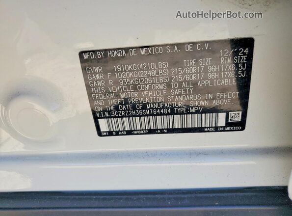 3CZRZ2H36SM764484 2025 HONDA HR-V White Вид наклейки з VIN-кодом