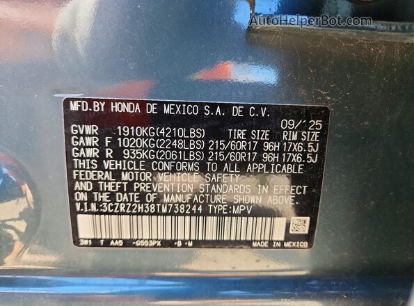 3CZRZ2H38TM738244 2026 HONDA HR-V Синий Вид наклейки с VIN-кодом