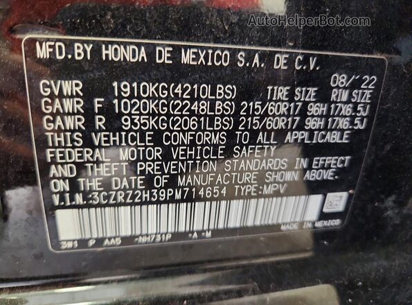 3CZRZ2H39PM714654 2023 HONDA HR-V Black Vista de la etiqueta del VIN