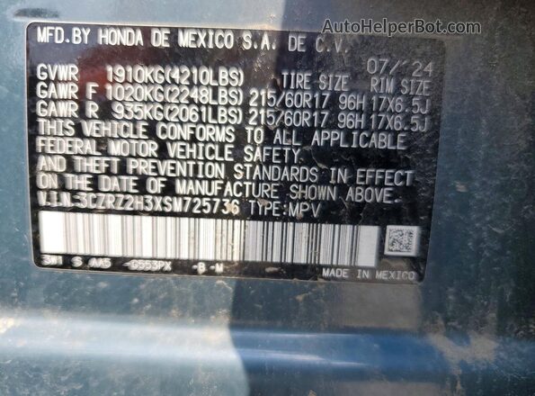 3CZRZ2H3XSM725736 2025 HONDA HR-V Green VIN კოდის სტიკერის ხედი