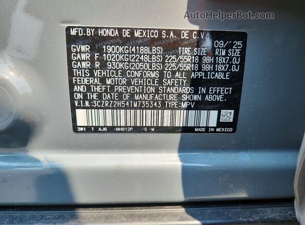 3CZRZ2H54TM735343 2026 HONDA HR-V Gray Панорамний вид салону 360°