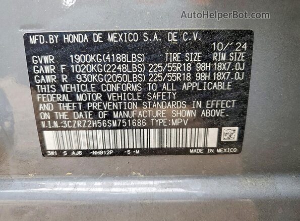 3CZRZ2H56SM751686 2025 HONDA HR-V Gray Widok naklejki z numerem VIN
