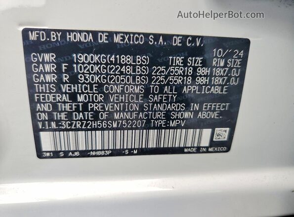 3CZRZ2H56SM752207 2025 HONDA HR-V White Widok naklejki z numerem VIN