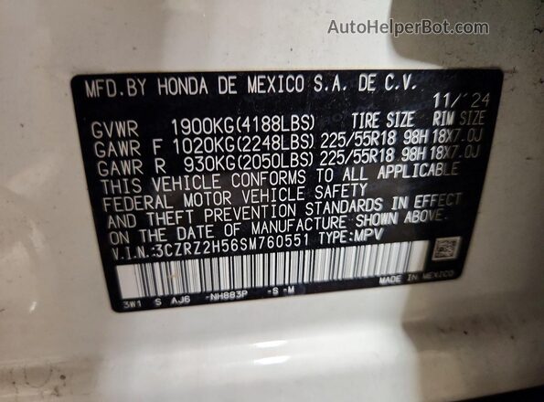 3CZRZ2H56SM760551 2025 HONDA HR-V White VIN კოდის სტიკერის ხედი