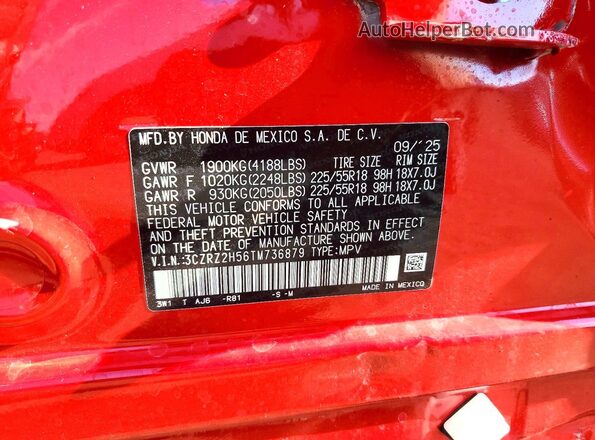 3CZRZ2H56TM736879 2026 HONDA HR-V Red Widok naklejki z numerem VIN