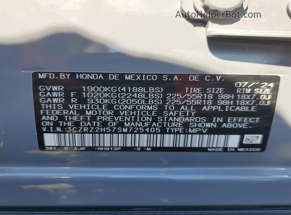 3CZRZ2H57SM725405 2025 HONDA HR-V Gray VIN sticker view