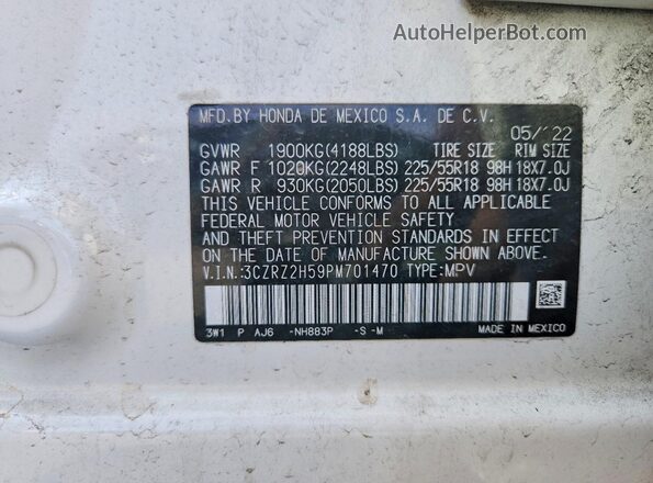 3CZRZ2H59PM701470 2023 HONDA HR-V White Widok wnętrza 360 stopni