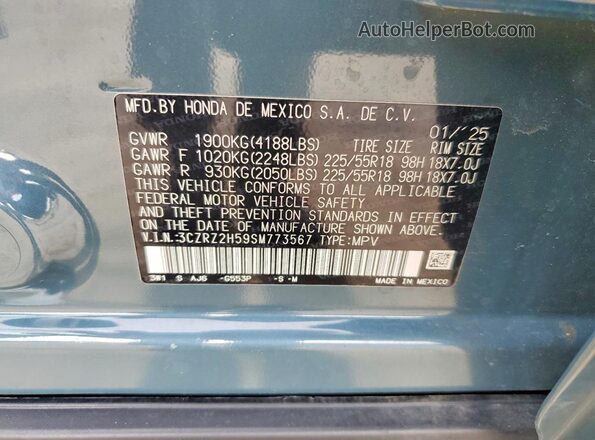 3CZRZ2H59SM773567 2025 HONDA HR-V Blue VIN sticker view