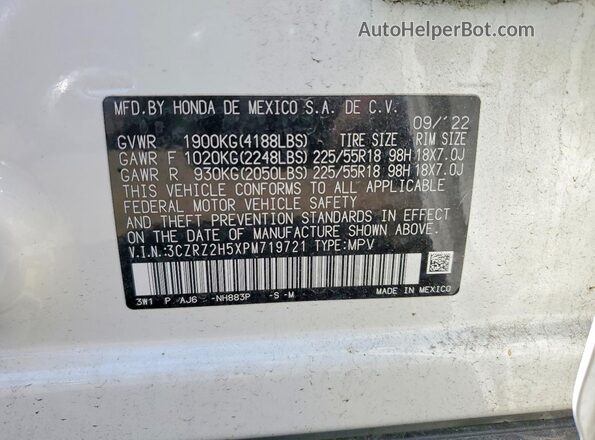 3CZRZ2H5XPM719721 2023 HONDA HR-V White Vista de la etiqueta del VIN