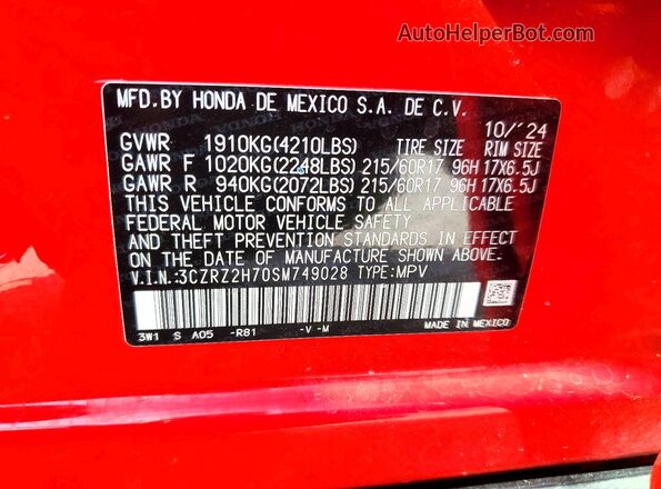 3CZRZ2H70SM749028 2025 HONDA HR-V Red Widok naklejki z numerem VIN