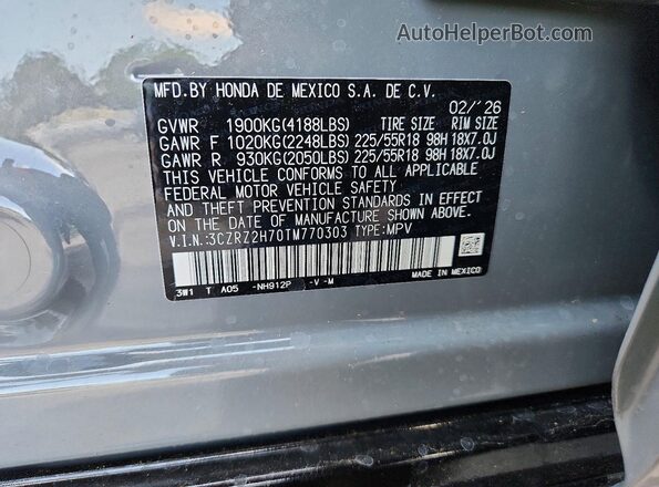 3CZRZ2H70TM770303 2026 HONDA HR-V Gray VIN კოდის სტიკერის ხედი