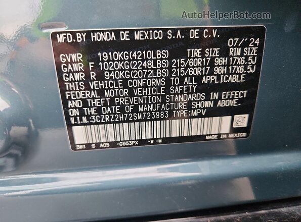 3CZRZ2H72SM723983 2025 HONDA HR-V Blue Вид наклейки з VIN-кодом
