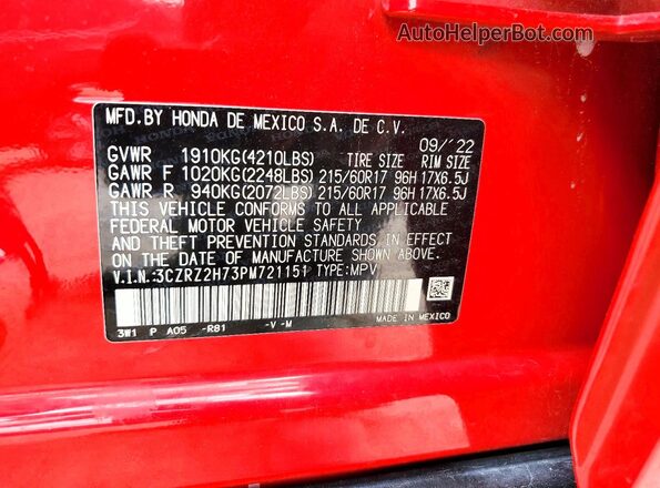 3CZRZ2H73PM721151 2023 HONDA HR-V Red Vista del compartimento del motor