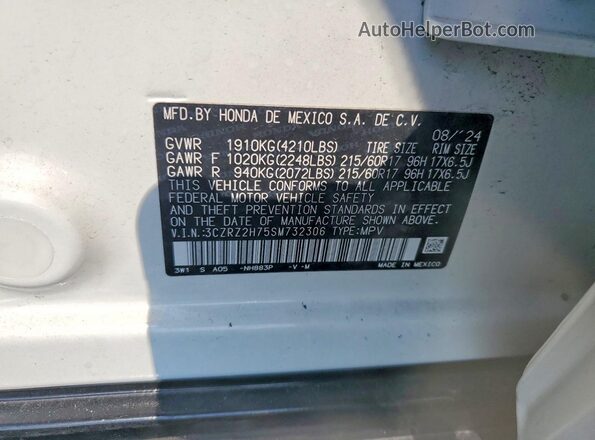 3CZRZ2H75SM732306 2025 HONDA HR-V White Widok naklejki z numerem VIN