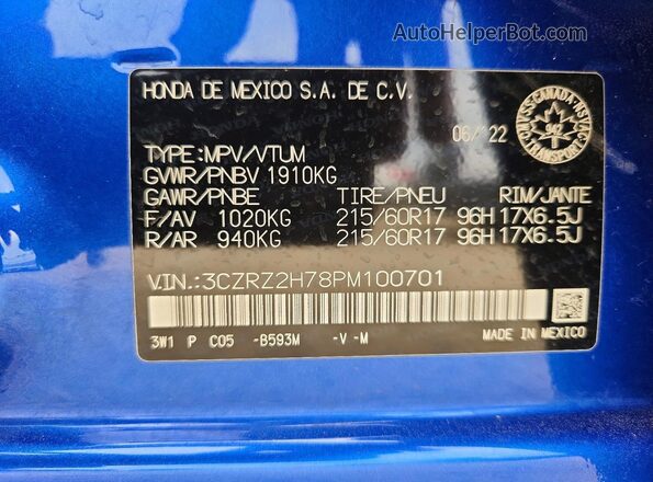 3CZRZ2H78PM100701 2023 HONDA HR-V Синий Вид наклейки с VIN-кодом