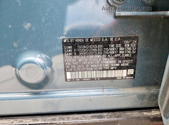 3CZRZ2H78SM736799 2025 HONDA HR-V Teal Vista de la etiqueta del VIN