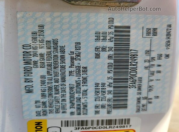 3FA6P0CD0LR249817 2020 FORD FUSION Белый Вид наклейки с VIN-кодом
