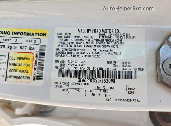 3FA6P0CD2LR152098 2020 FORD FUSION White Vista del compartimento del motor