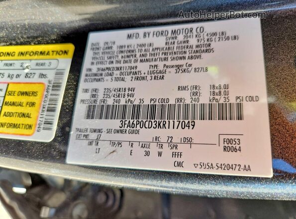 3FA6P0CD3KR117049 2019 FORD FUSION Угольный Вид подкапотного пространства