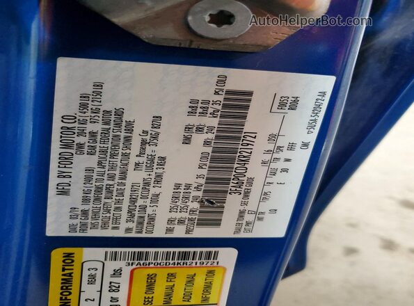3FA6P0CD4KR219721 2019 FORD FUSION Blue Вид наклейки з VIN-кодом