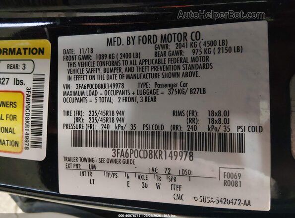 3FA6P0CD8KR149978 2019 FORD FUSION Black VIN կոդի պիտակի տեսք