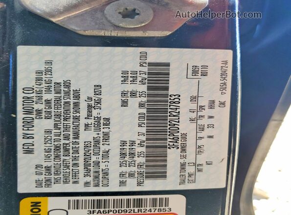 3FA6P0D92LR247853 2020 FORD FUSION Blue Widok komory silnika