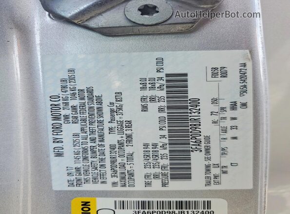3FA6P0D98JR132400 2018 FORD FUSION Silver Widok naklejki z numerem VIN