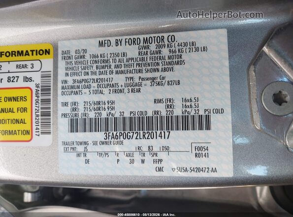 3FA6P0G72LR201417 2020 FORD FUSION Silver Շարժիչի բաժամունքի տեսք