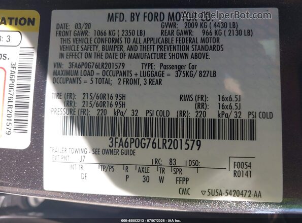 3FA6P0G76LR201579 2020 FORD FUSION Серый Вид подкапотного пространства