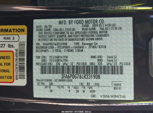 3FA6P0G76LR231908 2020 FORD FUSION Черный Вид подкапотного пространства