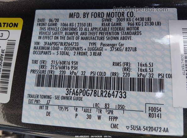 3FA6P0G78LR264733 2020 FORD FUSION Gray Widok komory silnika