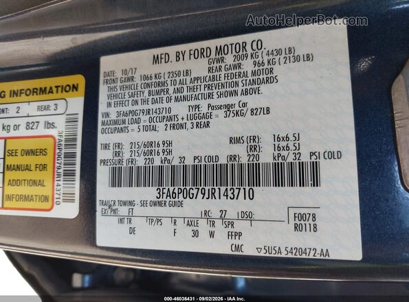 3FA6P0G79JR143710 2018 FORD FUSION Синий Вид подкапотного пространства