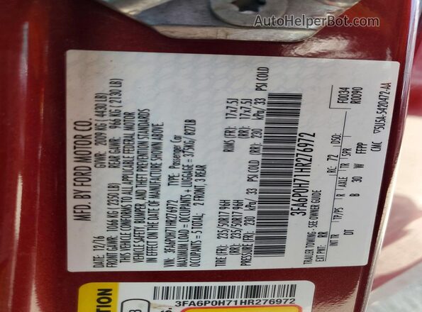 3FA6P0H71HR276972 2017 FORD FUSION Red Vista del compartimento del motor