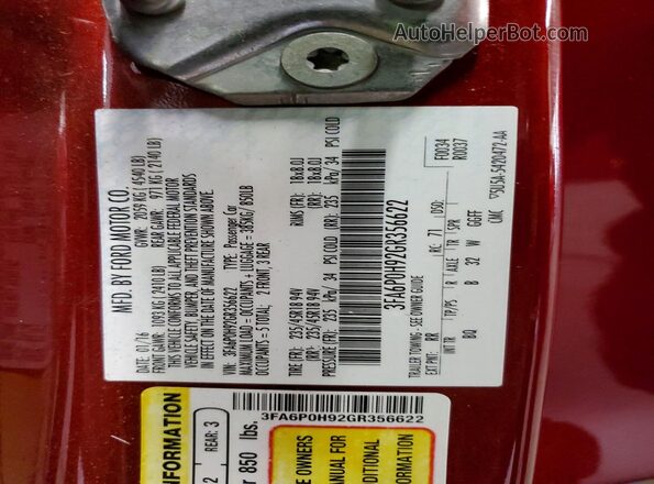 3FA6P0H92GR356622 2016 FORD FUSION Red VIN կոդի պիտակի տեսք
