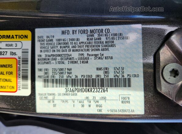 3FA6P0HD0KR232264 2019 FORD FUSION Charcoal Vista del compartimento del motor