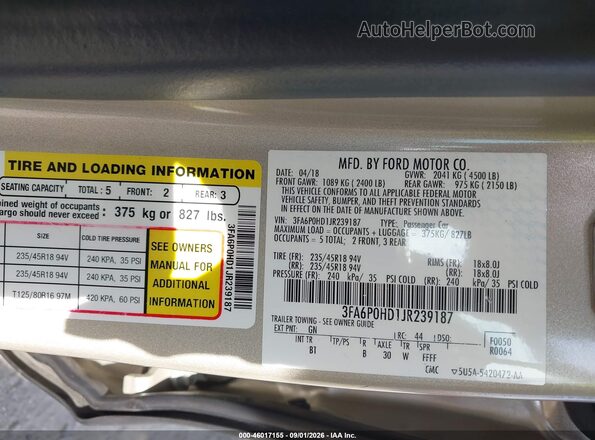 3FA6P0HD1JR239187 2018 FORD FUSION Бежевый Вид подкапотного пространства