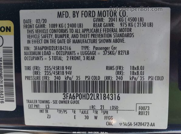 3FA6P0HD2LR184316 2020 FORD FUSION Blue Widok komory silnika
