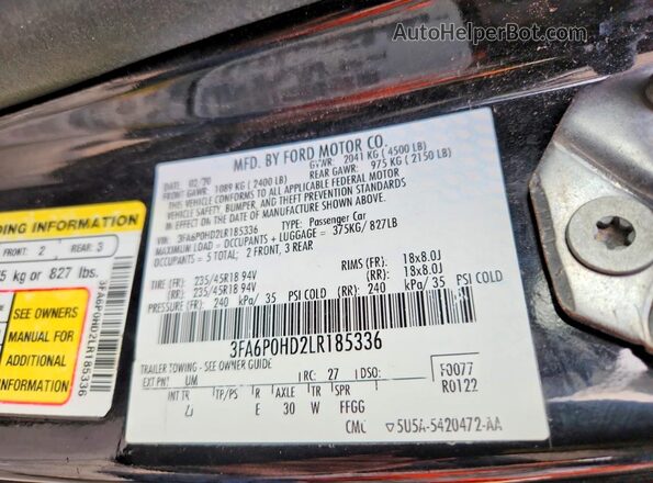 3FA6P0HD2LR185336 2020 FORD FUSION Black Շարժիչի բաժամունքի տեսք