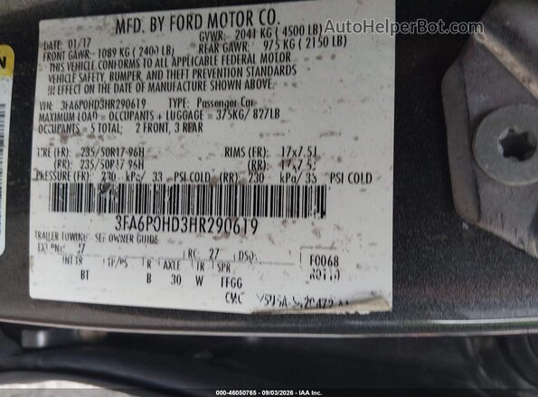 3FA6P0HD3HR290619 2017 FORD FUSION Gray Widok komory silnika