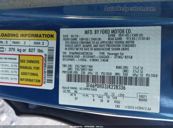 3FA6P0HD3JR228336 2018 FORD FUSION Blue Շարժիչի բաժամունքի տեսք