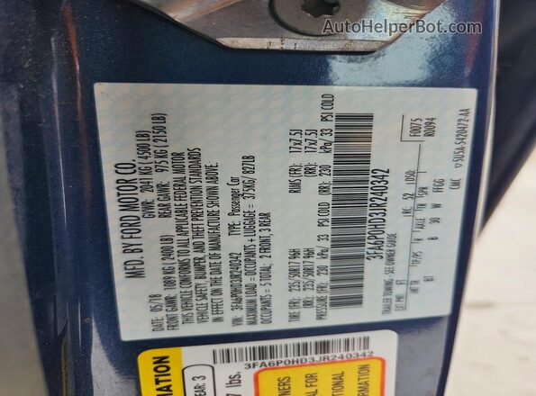 3FA6P0HD3JR240342 2018 FORD FUSION Синий Вид подкапотного пространства