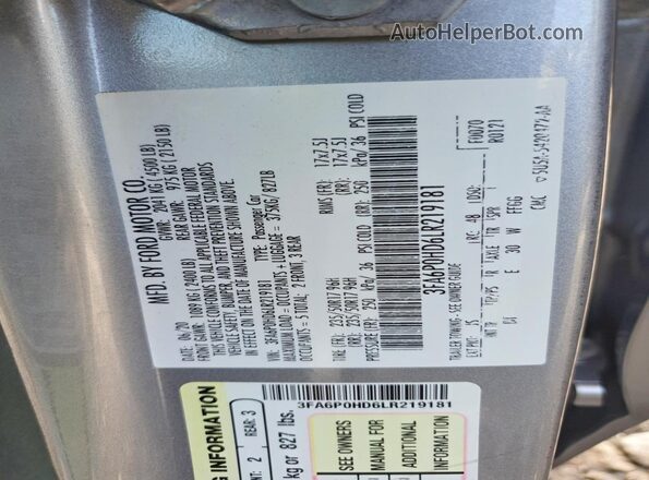 3FA6P0HD6LR219181 2020 FORD FUSION Silver Widok komory silnika