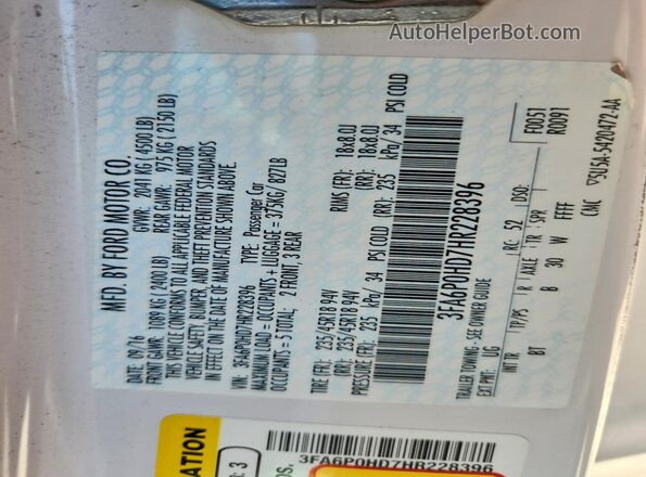3FA6P0HD7HR228396 2017 FORD FUSION White VIN կոդի պիտակի տեսք